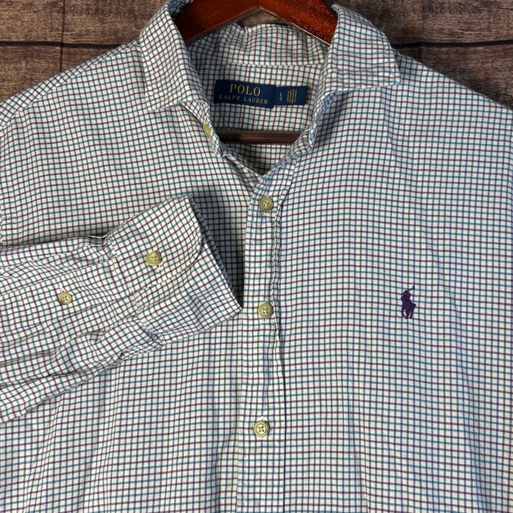 Polo Ralph Lauren Mens Large Tattersall Check Button Down Shirt Purple‎ Teal